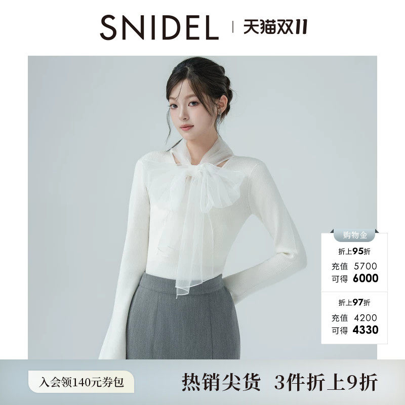 SNIDEL秋冬款甜美雪纺蝴蝶结系带长袖针织衫上衣SWNT254225