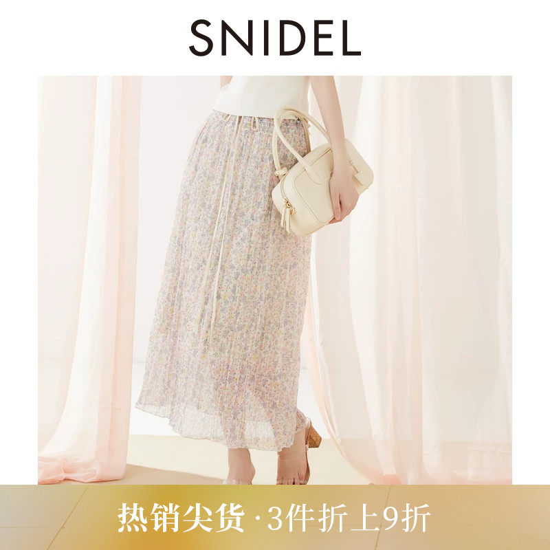 SNIDEL春夏款气质百搭高腰系带印花百褶半身裙SWFS252042