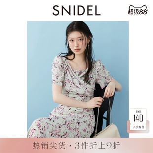 SNIDEL春夏款优雅短袖荡领雪纺印花茶歇连衣裙SWFO252017