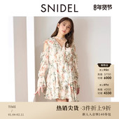 SNIDEL春夏款 甜美荷叶边露肩收腰系带印花连衣裙SWFO251069