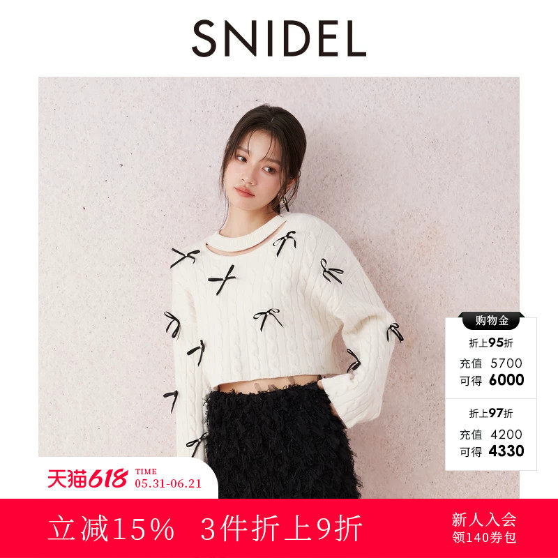 SNIDEL秋冬款甜美淑女蝴蝶结羊毛镂空针织衫上衣SWNT244309