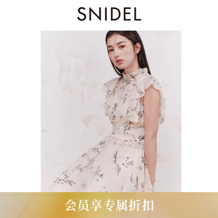 SNIDEL2026春夏新品 印花连衣裙SWFO261300 优雅木耳领收腰小飞袖