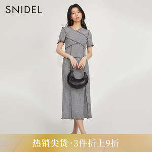 SNIDEL春夏款法式优雅格纹收腰开衩木耳边系带连衣裙SWFO231095