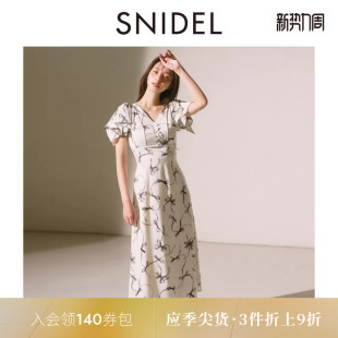 SNIDEL2025秋冬新品 收腰蝴蝶结印花连衣裙SWFO254025 优雅V领短袖