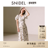 SNIDEL2025秋冬新品 优雅V领短袖 收腰蝴蝶结印花连衣裙SWFO254025