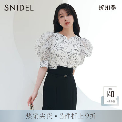 SNIDEL泡泡袖蝴蝶结系带雪纺衬衫