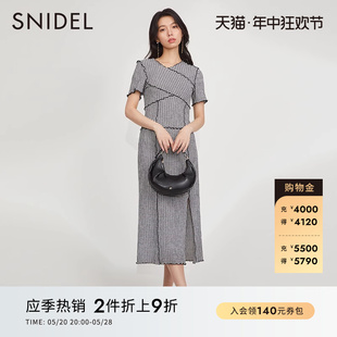 优雅格纹收腰开衩木耳边系带连衣裙SWFO231095 SNIDEL春夏款 法式