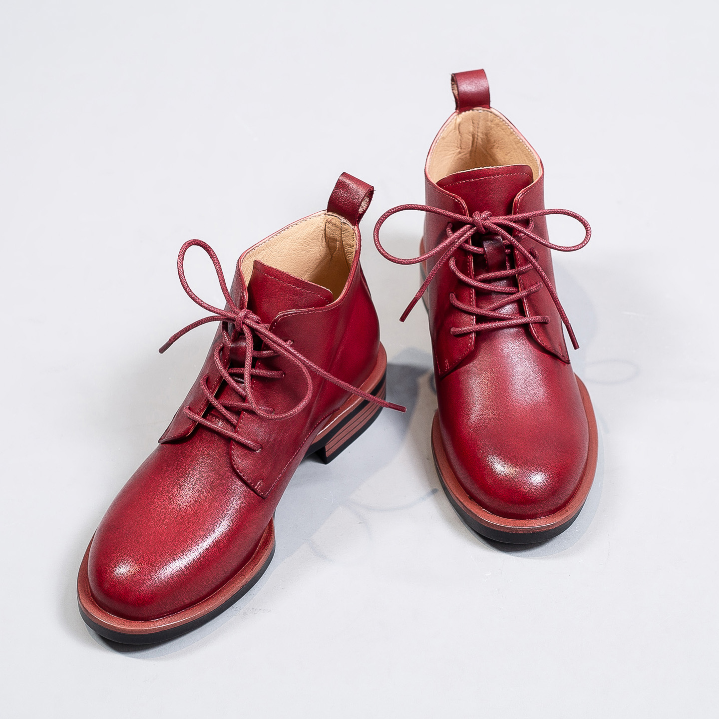 红色皮鞋女系带马丁靴单靴短靴