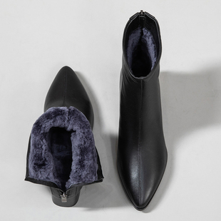 皮毛一体女鞋冬季尖头保暖加厚纯羊毛粗跟高跟短靴女靴大棉鞋大码