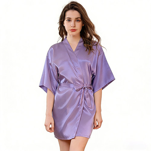 冰丝纯色睡袍仿真丝浴袍新娘伴娘团睡衣薄款家居服开衫系带和服袍