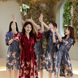 薄款 婚礼晨袍女新娘伴娘团冰丝绸结婚睡衣睡袍仙鹤浴袍女长款 夏季