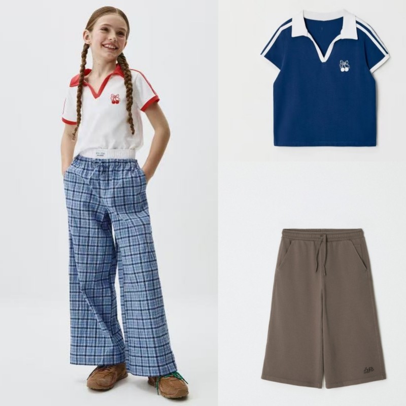 俄罗斯夏季新款女童polo领学院风刺绣小樱桃T恤宽松阔腿裤子媛1