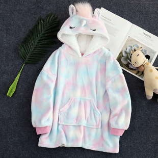 冬装女童法兰绒炫彩独角兽家居服毛茸茸懒人衣睡衣中大童可亲子鑫