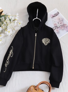 外贸原单女童春装休闲百搭纯棉毛圈黑色刺绣拉链衫连帽短款外套鑫