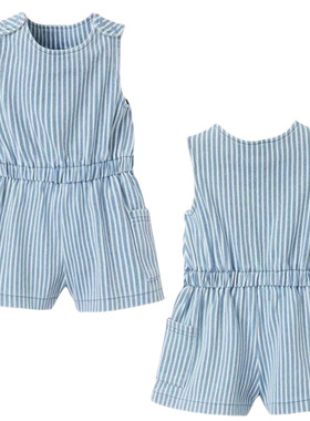 外贸原单 夏装女童蓝色条纹无袖洋气百搭水洗软牛仔连体裤短裤媛