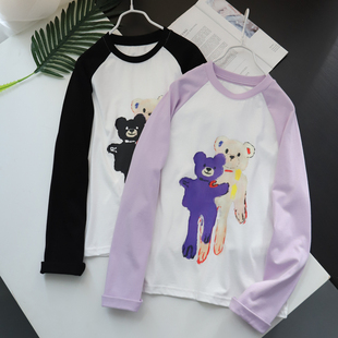 男女童中性款潮pai卡通小熊圆领插件袖长袖T恤中大童亲子琦