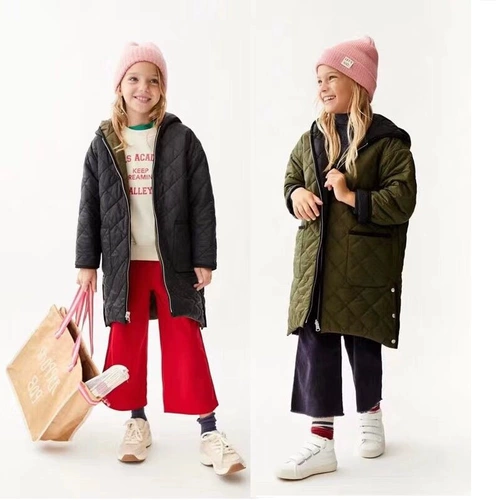 Осеннее платье отобранные девушки с обеими сторонами черного+военного зеленого хлопка ромб, мягкое хлопковое пальто, маленькие дети в средней школе