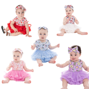 外贸原单女婴童可爱卡通连体裙摆式 纱裙背心蓬蓬裙带发带2件套媛1