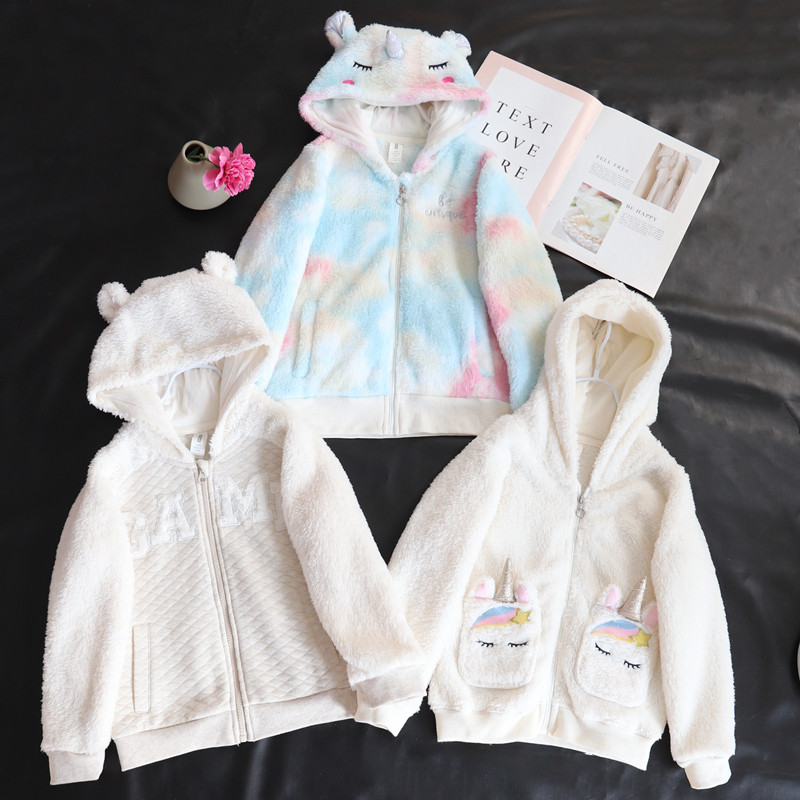 外贸原单女童卡通立体独角兽厚实扎染珊瑚绒拉链厚外套毛毛上衣鑫