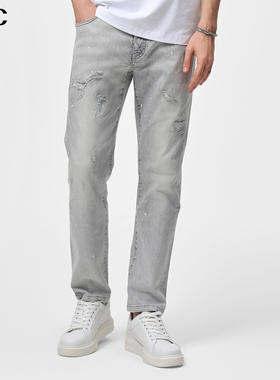 VJC/威杰思2025夏季新款男装潮流灰色牛仔裤水洗磨白复古九分裤