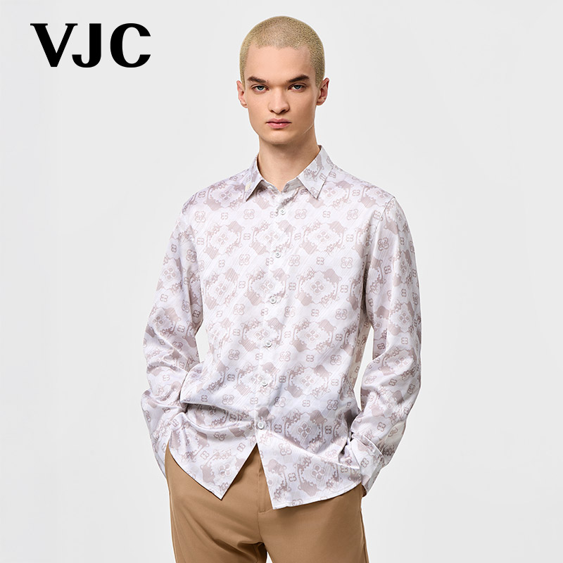 VJC/威杰思夏季新款男装摩登印花长袖衬衫轻奢提花翻领上衣