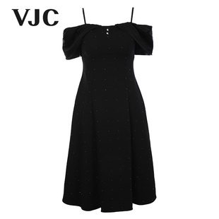 醋纤吊带小黑裙腰露肩烫钻礼裙长收女款 新品 法式 VJC2024夏季