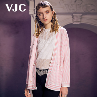 粉色甜美气质撞色条纹修身 针织开衫 威杰思春夏女装 VJC