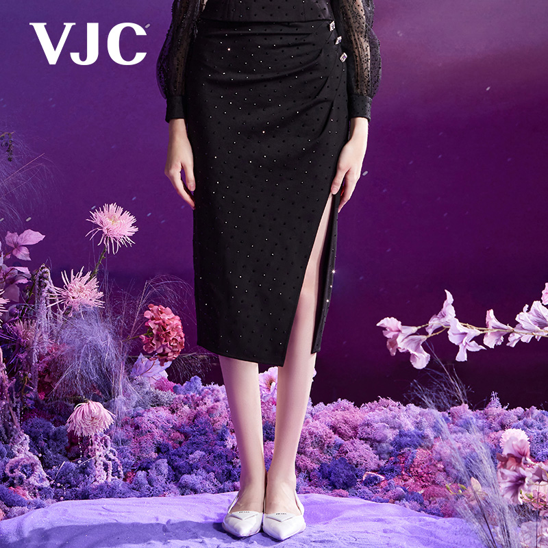 VJC/威杰思2024春夏女装新款法式黑色蕾丝半身裙A字修身开叉裙