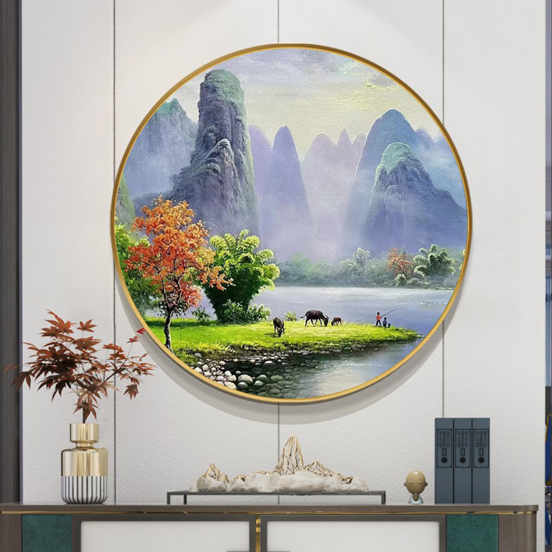 中式圆形山水装饰画玄关风景手绘油画过道餐厅壁画挂画大芬村定制图片