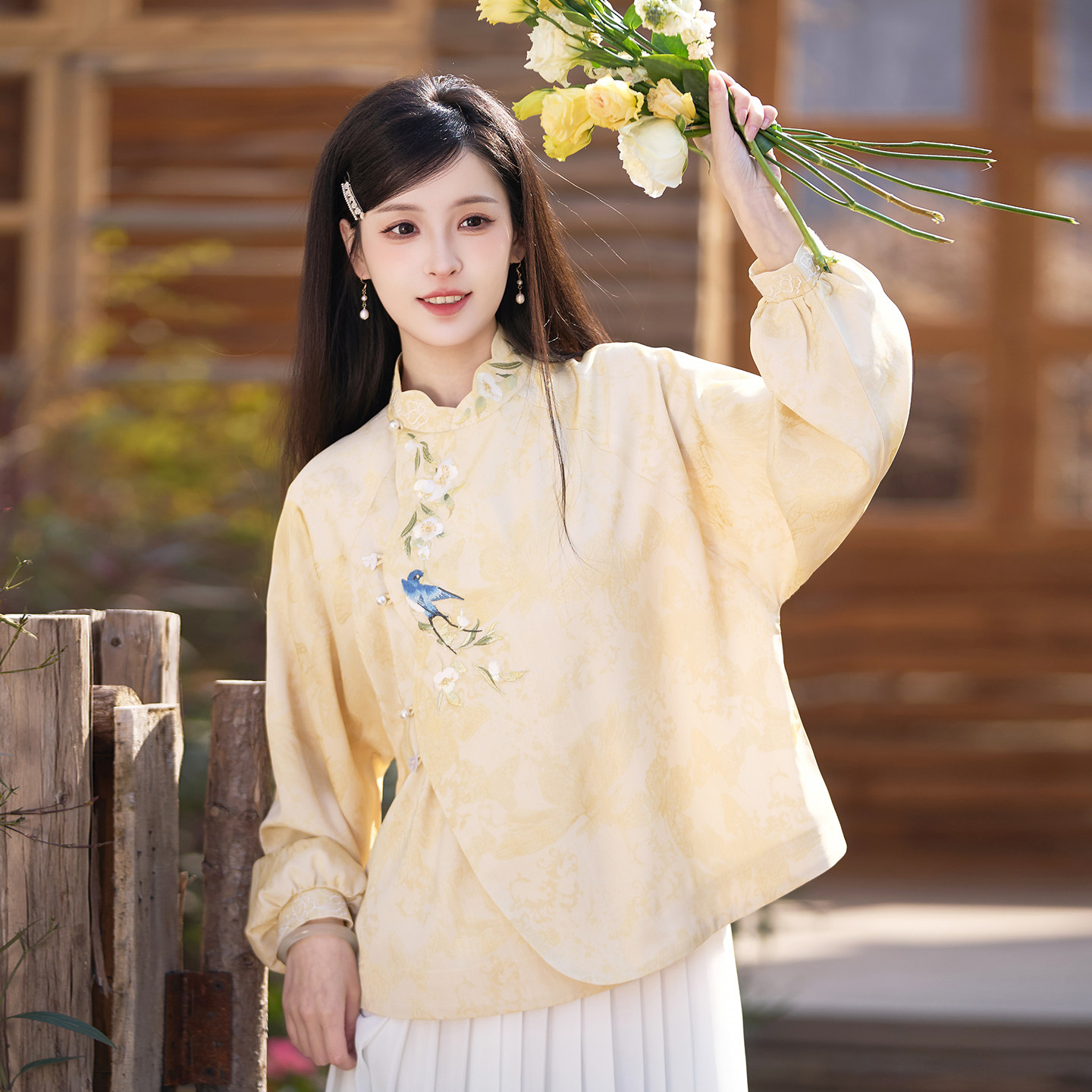 燕语花事 清水溪汉初原创国风日常明圆领上衣女松紧百迭半裙春秋