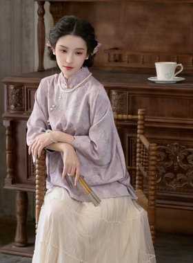 姚黄魏紫 清水溪汉初国风女装花瓣袖新中式上衣秋气质百搭