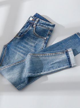 复古怀旧薄绒牛仔小脚裤女秋冬新款高腰修身显瘦小个子八分铅笔裤