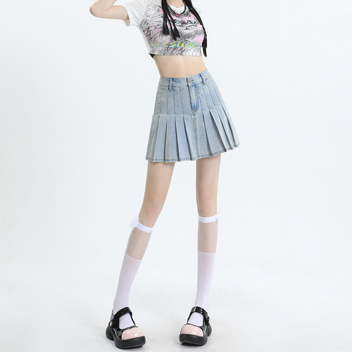小个子显高牛仔百褶短裙女2023夏装薄款浅色高腰收腹防走光半身裙