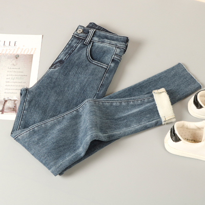 秋冬加绒牛仔裤女2024新款高腰修身弹力显瘦加厚绒九分小脚铅笔裤