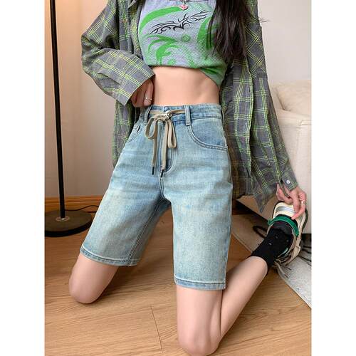 高腰系带牛仔五分裤女夏装新款复古怀旧浅色BF风宽松百搭骑行中裤
