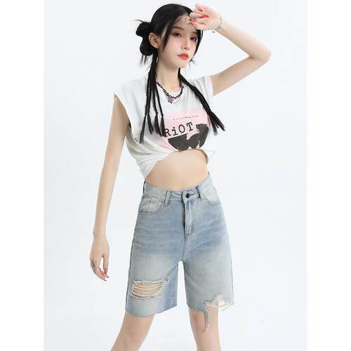 浅色磨破洞牛仔五分裤女2023夏装薄款高腰修身直筒bf休闲骑行中裤