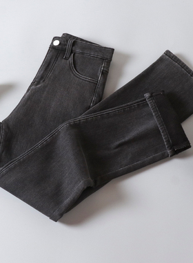 烟灰色加绒加厚牛仔小直筒裤女冬新款高腰修身显瘦百搭加长烟管裤