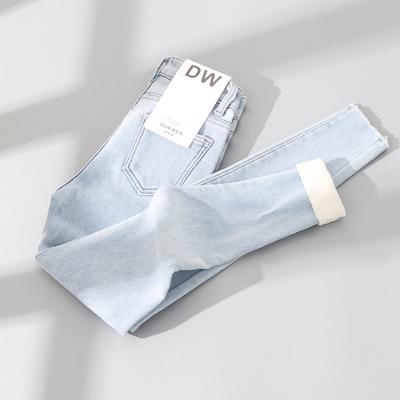 浅色加厚绒牛仔裤女冬高腰紧身弹力显瘦小个子九分保暖小脚铅笔裤