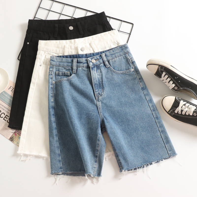 夏装薄款毛边牛仔五分裤女2023新款高腰弹力修身直筒百搭骑行中裤