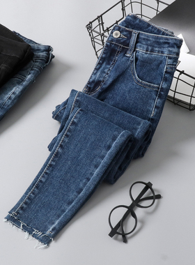 深蓝色牛仔铅笔裤女2025春秋新款高腰弹力紧身显瘦百搭九分小脚裤