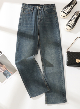 复古卷边牛仔小直筒裤女秋冬新款高腰修身百搭显瘦小个子烟管裤子