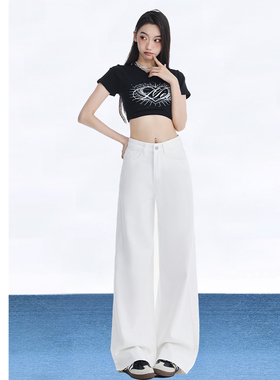 白色直筒牛仔裤女夏季薄款2024年新款宽松高腰垂感休闲阔腿裤子女