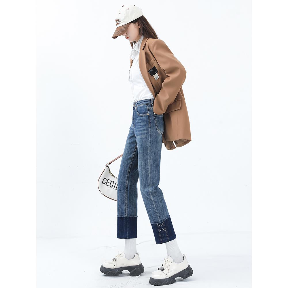 翻边撞色法棍小直筒裤女2023秋季新款高腰修身显瘦九分百搭烟管裤