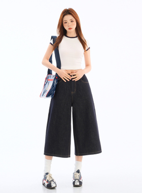 深蓝色高腰阔腿牛仔七分裤女春夏新款2025宽松显瘦垂感直筒中裤子