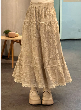 大码松紧腰蕾丝A字半身裙女秋冬高腰垂感裙子微胖MM遮肚显瘦裙子
