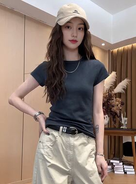 大码韩系圆领正肩雾霾蓝短袖t恤女春夏新款胖mm显瘦遮肉内搭上衣