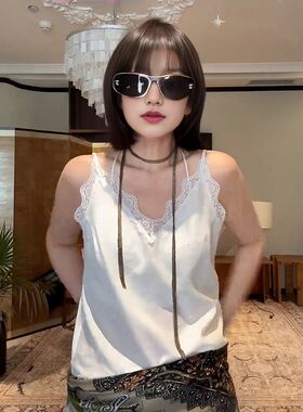 大码韩系蕾丝拼接v领白色吊带背心女内搭春夏胖mm叠穿无袖小上衣