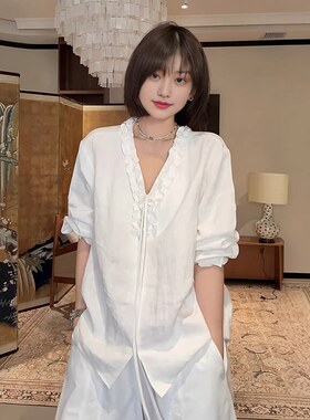 大码女装法式v领花边白色衬衫2026早春新款胖mm宽松显瘦气质上衣