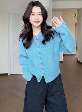 微胖MM大码新款慵懒宽松显瘦上衣女巨好看双拉链气质毛衣针织开衫