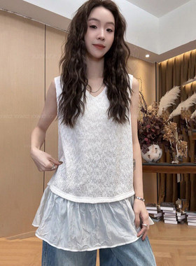 芭蕾风白色V领无袖吊带背心女夏季外穿内搭叠穿网纱拼接裙摆上衣